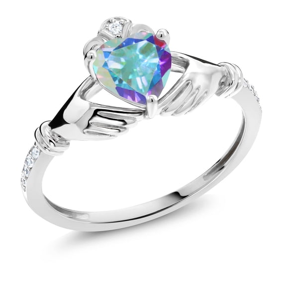 Gem Stone King 1.06 Ct Heart Shape Mercury Mist Mystic Topaz White Diamond 10K White Gold Irish Celtic Claddagh Ring
