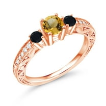 Gem Stone King 1.06 Ct Round Yellow Citrine Black Onyx 18K Rose Gold Plated Silver Ring (Size 8)