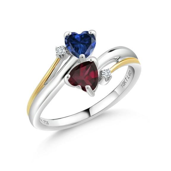 Gem Stone King 1.07 Ct Blue Created Sapphire Red Rhodolite Garnet 925 Silver and 10K Yellow Gold Lab Grown Diamond 2 Heart Promise Couple Engagement Mother Ring (Size 6)