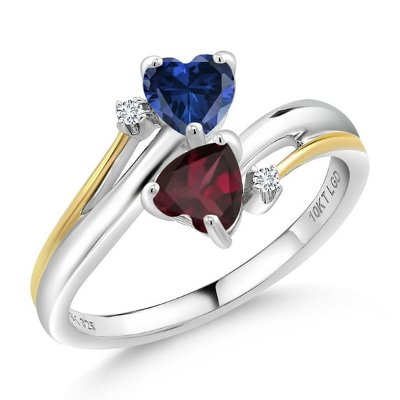 Gem Stone King 1.07 Ct Blue Created Sapphire Red Rhodolite Garnet 925 Silver and 10K Yellow Gold Lab Grown Diamond 2 Heart Promise Couple Engagement Mother Ring (Size 8)