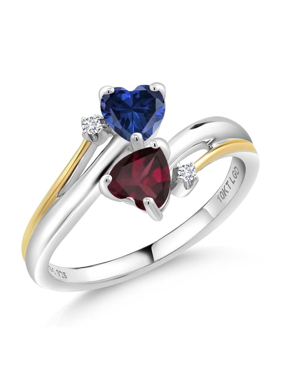 1.07 Ct Blue Created Sapphire Red Rhodolite Garnet 925 Silver and 10K Yellow Gold Lab Grown Diamond 2 Heart Promise Couple Engagement Mother Ring (Size 5)