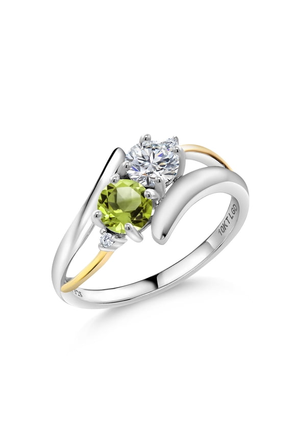 1.07 Cttw White Lab Grown Diamond and Green Peridot 925 Silver and 10K Yellow Gold Two Stone Crossover Ring for Women | Round 5MM (Size 7)