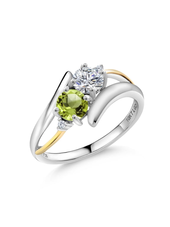 1.07 Cttw White Lab Grown Diamond and Green Peridot 925 Silver and 10K Yellow Gold Two Stone Crossover Ring for Women | Round 5MM (Size 7)