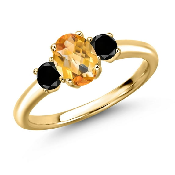 Gem Stone King 18K Yellow Gold Plated Silver Yellow Citrine and Black Diamond Engagement Ring for Women | 1.07 Cttw | Oval Checkerboard 7X5MM | Gemstone November Birthstone | Size 5