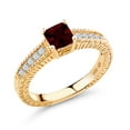 thumbnail image 1 of Gem Stone King 1.07 Ct Princess Cut Red Garnet White Created Sapphire 18K Yellow Gold Plated Silver Ring (Size 9), 1 of 5
