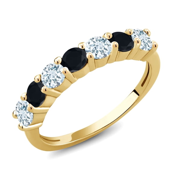 Gem Stone King 1.07 Ct Round Sky Blue Aquamarine Black Onyx 18K Yellow Gold Plated Silver Ring (Size 5)