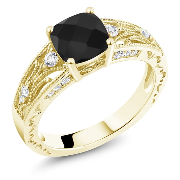 Gem Stone King 1.08 Ct Cushion Checkerboard Black Onyx 18K Yellow Gold Plated Silver Ring (Size 8)