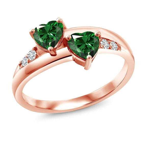 Gem Stone King 1.08 Ct Heart Shape Green Simulated Emerald 18K Rose Gold Plated Silver Lab Grown Diamond Ring (Size 9)