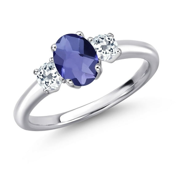 Gem Stone King 925 Sterling Silver Blue Iolite and White Topaz Engagement Ring for Women | 1.08 Cttw | Oval Checkerboard 7X5MM | Gemstone Birthstone | Size 9