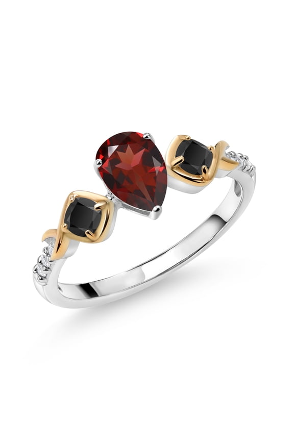 1.08 Cttw Red Garnet Black Onyx and Lab Grown Diamond 925 Silver and 10K Yellow Gold Ring for Women | Gemstone Birthstone | 7X5MM Pear Shape | 3MM Cushion (Size 8)