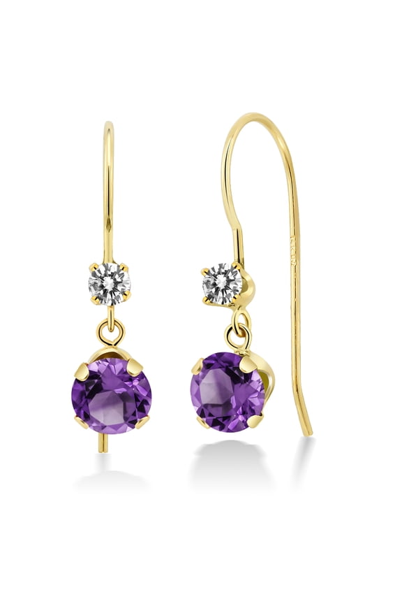14K Yellow Gold Purple Amethyst and White Diamond French Wire Dangle Hook Earrings for Women (1.08 Cttw, Gemstone February Birthstone, Round 5MM and 2.5MM)