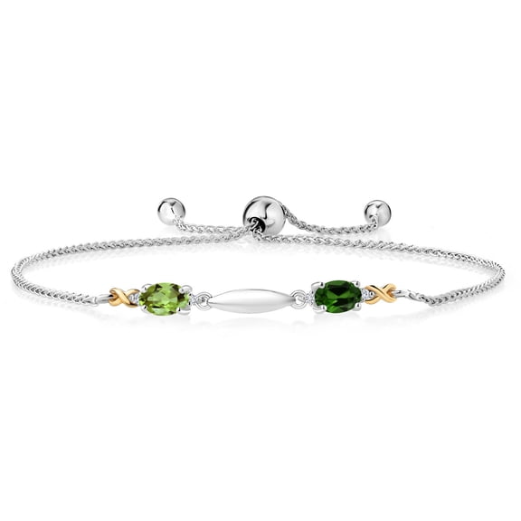 Gem Stone King 1.09 Ct Green Peridot Green Chrome Diopside 925 Silver and 10K Yellow Gold Lab Grown Diamond Bracelet for Women