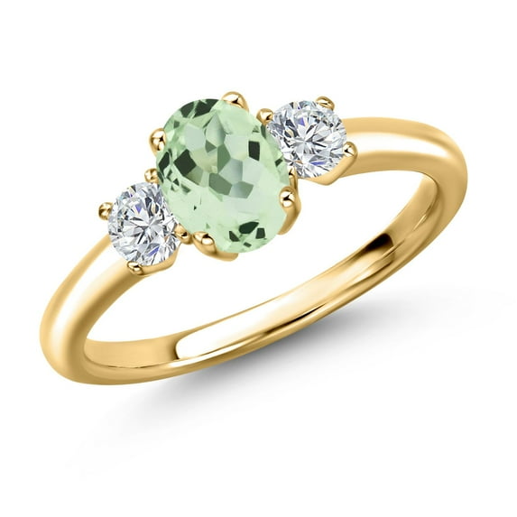 Gem Stone King 18K Yellow Gold Plated Silver Green Prasiolite and Lab Grown Diamond Engagement Ring for Women | 1.09 Cttw | Oval 7X5MM | Gemstone Birthstone | Size 8