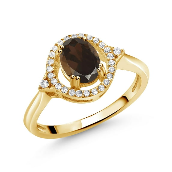 Gem Stone King 1.09 Ct Oval Brown Smoky Quartz 18K Yellow Gold Plated Silver Ring (Size 8)