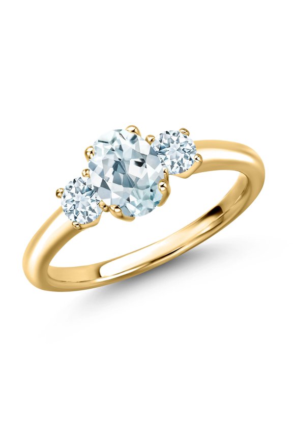 18K Yellow Gold Plated Silver Sky Blue Aquamarine Engagement Ring for Women | 1.09 Cttw | Oval 7X5MM | Gemstone March Birthstone | Size 8