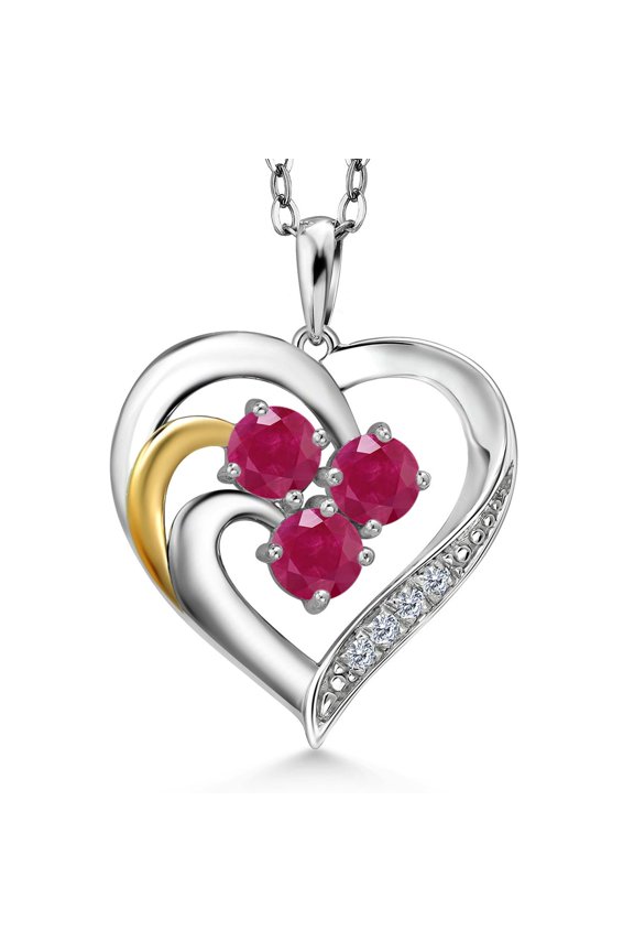 1.09 Ct Red Ruby E-F Lab Grown Diamond 925 Silver and 10K Yellow Gold Pendant