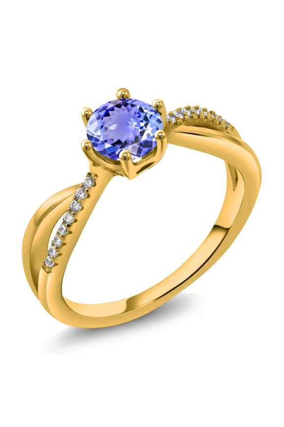 1.09 Ct Round Blue Tanzanite 18K Yellow Gold Plated Silver Ring 6 Prongs