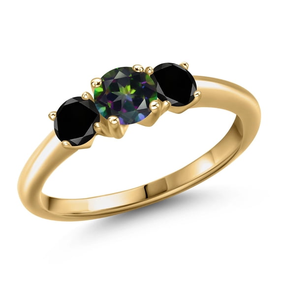 Gem Stone King 18K Yellow Gold Plated Silver Green Mystic Topaz and Black Diamond Engagement Ring for Women | 1.09 Cttw | Round 5MM | Gemstone November Birthstone | Size 7