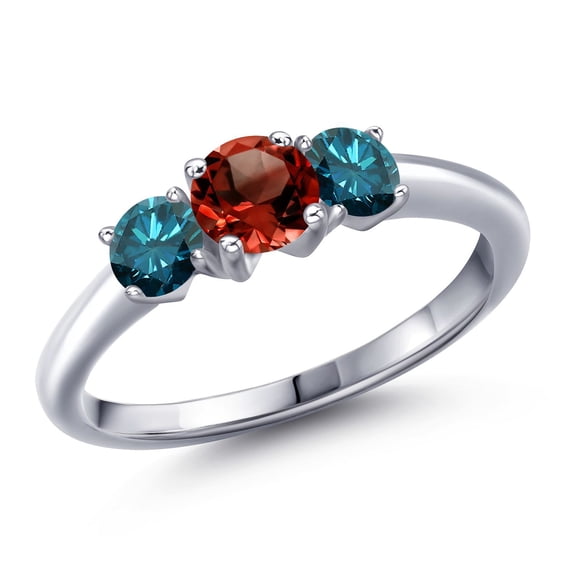 Gem Stone King 925 Sterling Silver Red Garnet and Blue Diamond Engagement Ring for Women | 1.09 Cttw | Round 5MM | Gemstone January Birthstone | Size 7