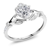 Gem Stone King 1.09 Cttw 10K White Gold IGI Certified Lab Grown Diamond Irish Celtic Claddagh Engagement Ring for Women | Center Diamond Heart Shape 1 Ct | D-E Color | VS1-VS2 Clarity Size 6