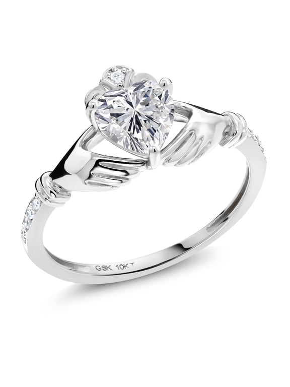 1.09 Cttw 10K White Gold IGI Certified Lab Grown Diamond Irish Celtic Claddagh Engagement Ring for Women | Center Diamond Heart Shape 1 Ct | D-E Color | VS1-VS2 Clarity (Size 7)