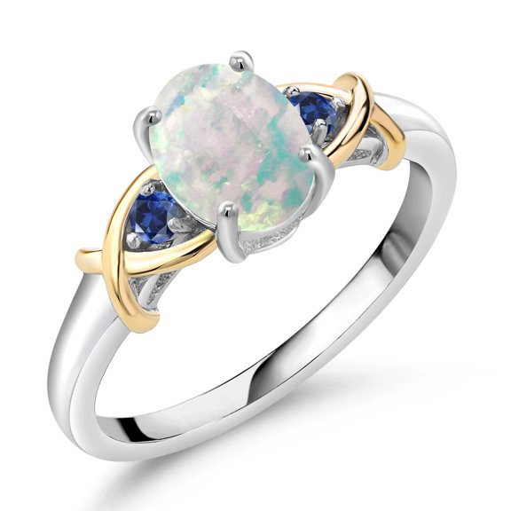 Gem Stone King 1.09 Cttw Oval Cabochon White Simulated Opal and Blue Created Sapphire 925 Silver and 10K Yellow Gold Engagement Ring for Women | Gemstone Birthstone (Size 5)