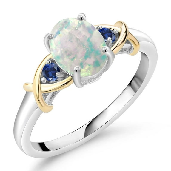 Gem Stone King 1.09 Cttw Oval Cabochon White Simulated Opal and Blue Created Sapphire 925 Silver and 10K Yellow Gold Engagement Ring for Women | Gemstone Birthstone (Size 7)