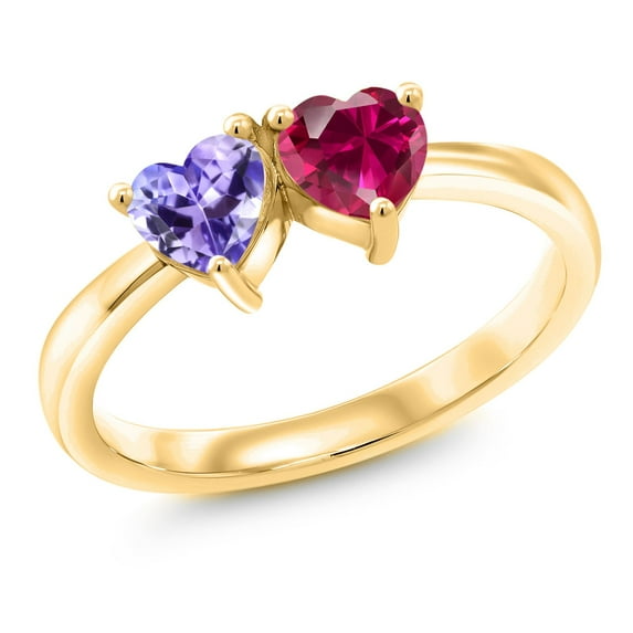 Gem Stone King 1.10 Ct Blue Tanzanite Red Created Ruby 18K Yellow Gold Plated Silver Ring (Size 8)