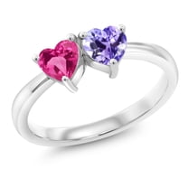 Gem Stone King 1.10 Ct Heart Shape Pink Created Sapphire Blue Tanzanite 925 Sterling Silver Ring (Size 8)