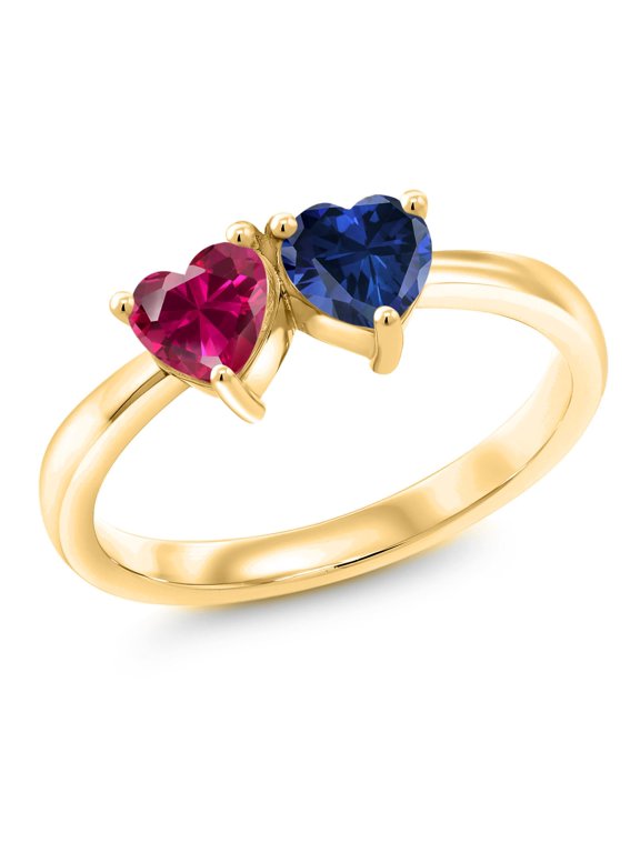 1.10 Ct Red Created Ruby Blue Created Sapphire 18K Yellow Gold Plated Silver Ring (Size 8)