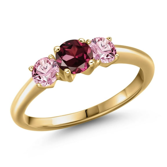 Gem Stone King 18K Yellow Gold Plated Silver Red Rhodolite Garnet and Pink Lab Grown Diamond Engagement Ring for Women | 1.10 Cttw | Round 5MM | Gemstone January Birthstone | Size 8