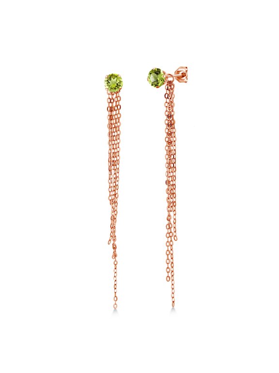 1.10 Ct Round 5mm Green Peridot 18K Rose Gold Plated Silver Stud Extra Long Statement Enhancer Earrings 3.5 inch
