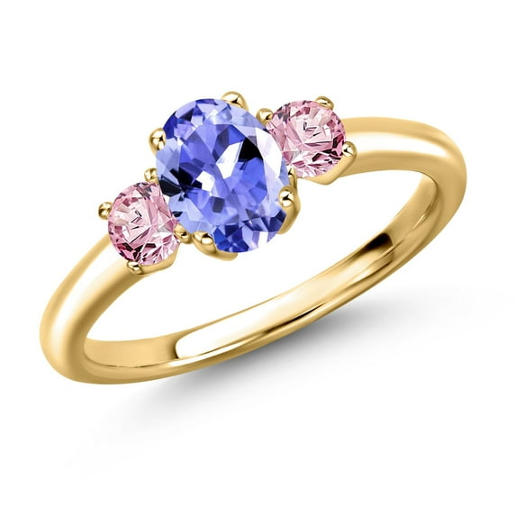 Gem Stone King 18K Yellow Gold Plated Silver Blue Tanzanite and Pink Lab Grown Diamond Engagement Ring for Women | 1.11 Cttw | Oval 7X5MM | Gemstone December Birthstone | Size 5