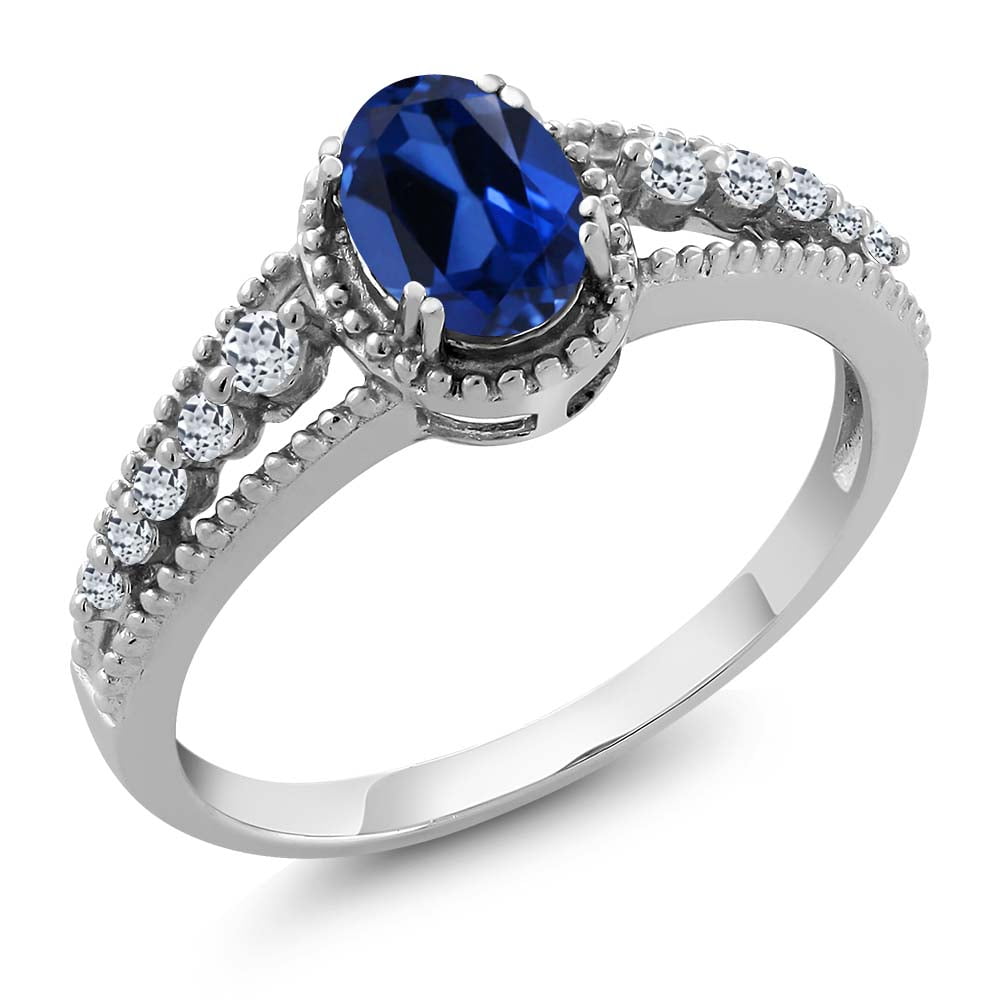 Gem Stone King 1.11 Ct Oval Blue Created Sapphire White Topaz 925 Sterling Silver Ring