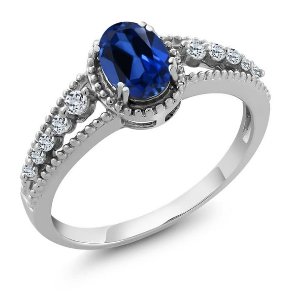 Gem Stone King 1.11 Ct Oval Blue Created Sapphire White Topaz 925 Sterling Silver Ring