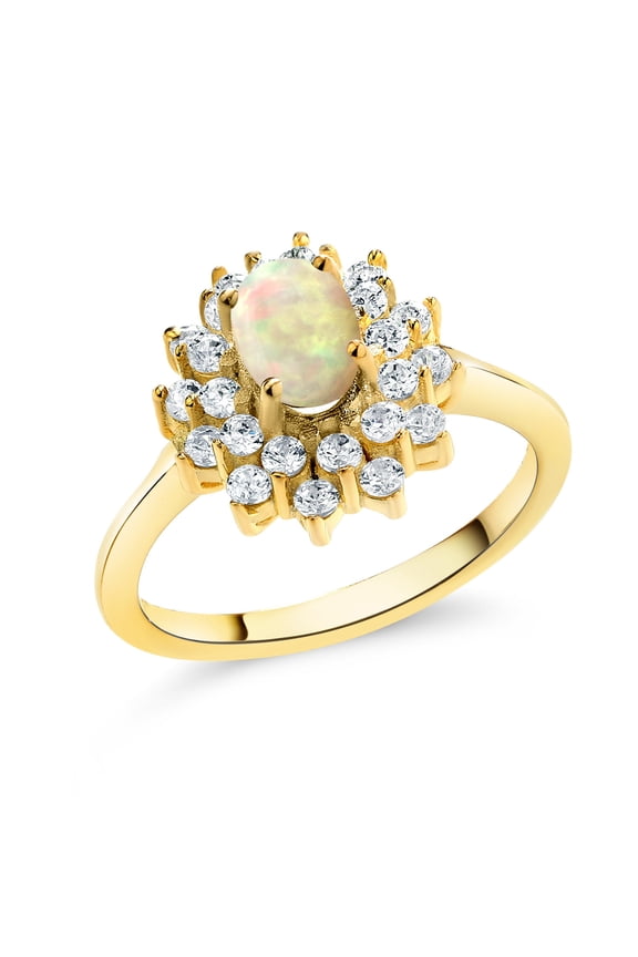 1.11 Ct Oval Cabochon White Ethiopian Opal 18K Yellow Gold Plated Silver Flower Ring (Size 7)