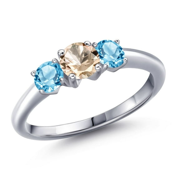 Gem Stone King 925 Sterling Silver Peach Morganite and Swiss Blue Topaz Engagement Ring for Women | 1.11 Cttw | Round 5MM | Gemstone October Birthstone | Size 8