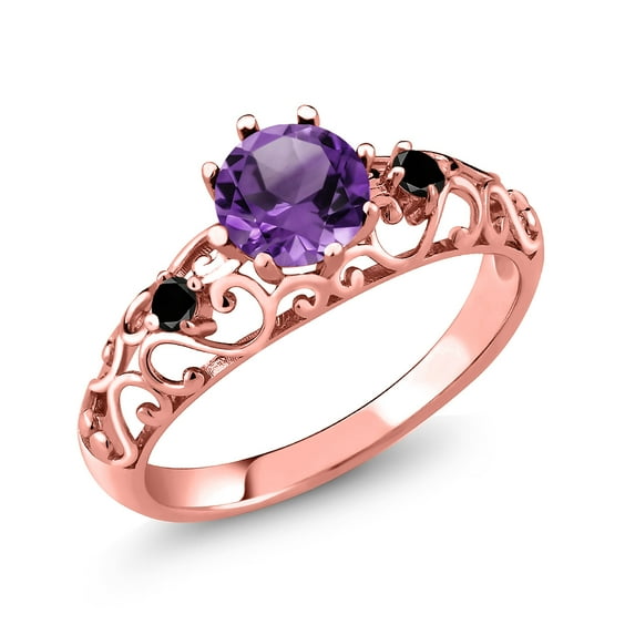 Gem Stone King 1.11 Ct Round Purple Amethyst Black Diamond 18K Rose Gold Plated Silver Ring (Size 6)