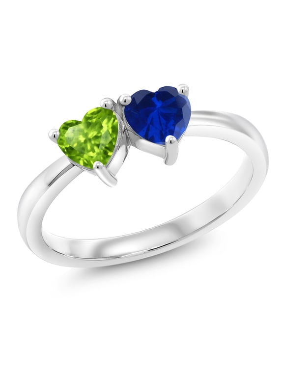 1.11 Cttw Double Heart Shape Green Peridot Blue Created Sapphire Ring for Women | 925 Sterling Silver | Gemstone Birthstone | Wedding Engagement Anniversary Promise Ring | Size 8