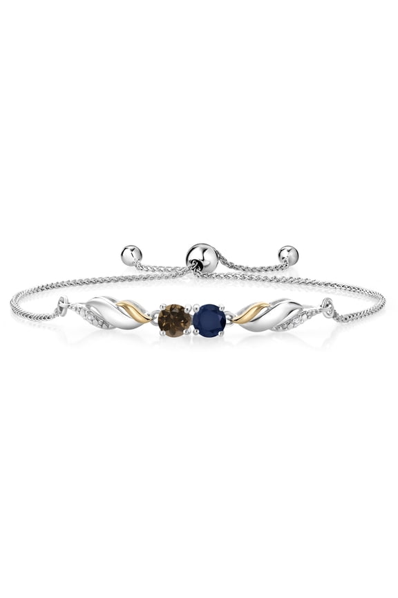 1.12 Ct Blue Sapphire Brown Smoky Quartz 925 Silver and 10K Yellow Gold Lab Grown Diamond Bracelet for Women