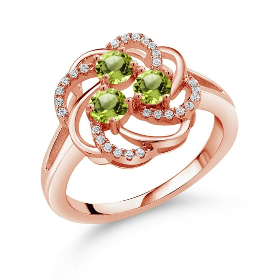 Gem Stone King 1.12 Ct Green Peridot White Created Sapphire 18K Rose Gold Plated Silver 3-Stone Ring (Size 5) (Size 5)