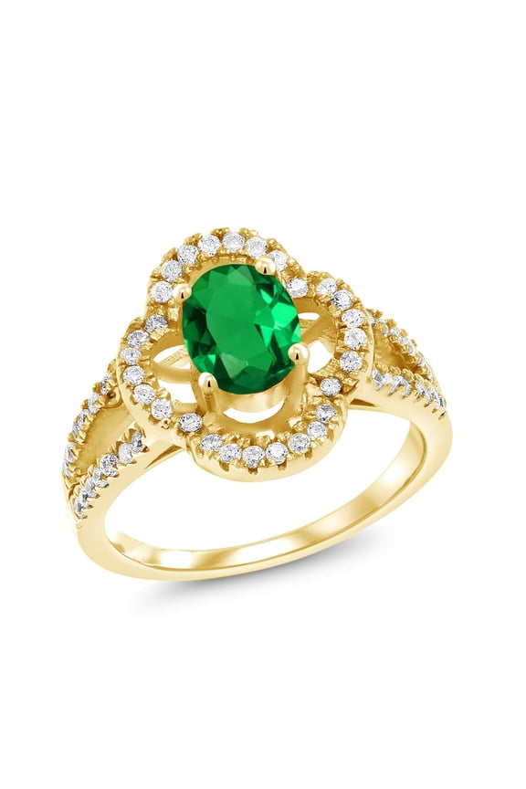 1.12 Ct Oval Green Nano Emerald 18K Yellow Gold Plated Silver Ring (Size 5)