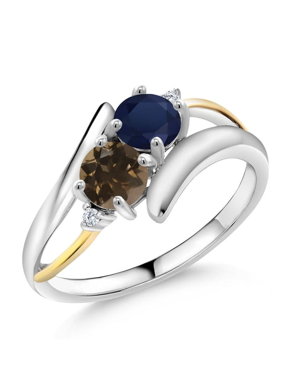 1.12 Ct Round Blue Sapphire Brown Smoky Quartz 925 Silver and 10K Yellow Gold Ring (Size 9)