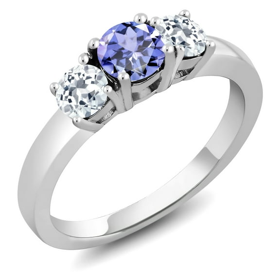Gem Stone King 1.12 Ct Round Blue Tanzanite White Topaz 925 Sterling Silver Ring