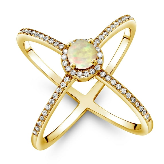 Gem Stone King 1.12 Ct Round Cabochon White Ethiopian Opal 18K Yellow Gold Plated Silver Criss Cross X Ring (Size 7)