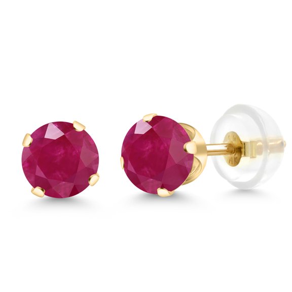 Gem Stone King 1.12 Cttw Red Ruby 14K Yellow Gold 4-Prong Stud Earrings for Women | Gemstone Birthstone | Round 5MM