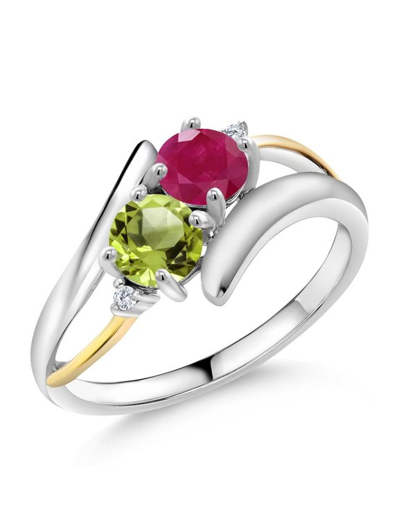1.12 Cttw Round Red Ruby Green Peridot and Lab Grown Diamond Two Stone Crossover Ring for Women | 925 Silver and 10K Yellow Gold | Wedding Engagement Anniversary Ring for Women | Size 9