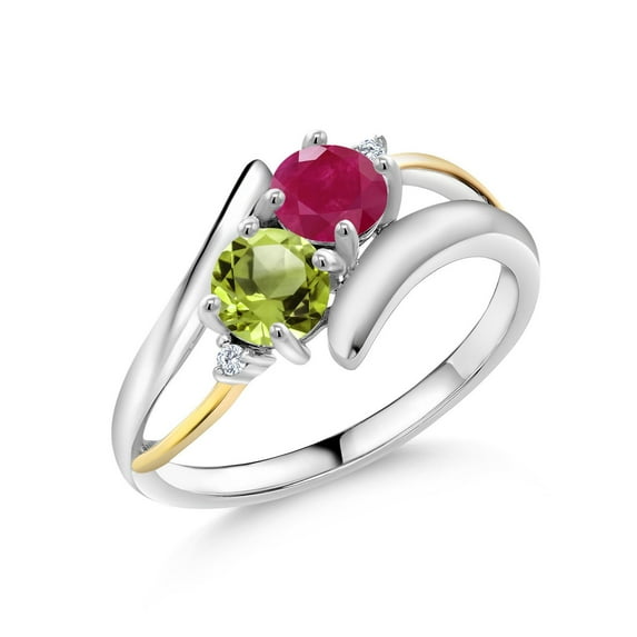 Gem Stone King 1.12 Ct Round Red Ruby Green Peridot 925 Silver and 10K Yellow Gold Lab Grown Diamond Two Stone Crossover Ring (Size 8)