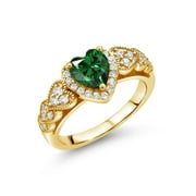 Gem Stone King 1.13 Ct Heart Shape Green Nano Emerald 18K Yellow Gold Plated Silver Ring