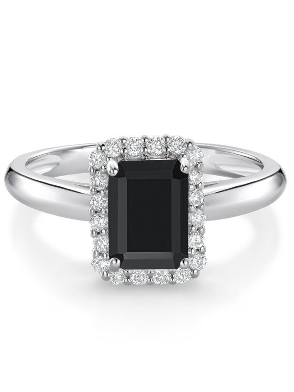 1.13 Ct Octagon Black Onyx G/H Lab Grown Diamond 10K White Gold Halo Engagement Ring (Size 9)